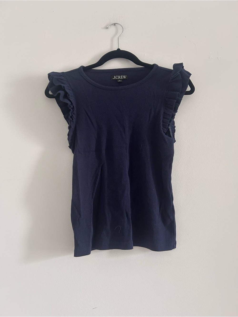 J. Crew Navy Ribbed Ruffle Sleeve Tank